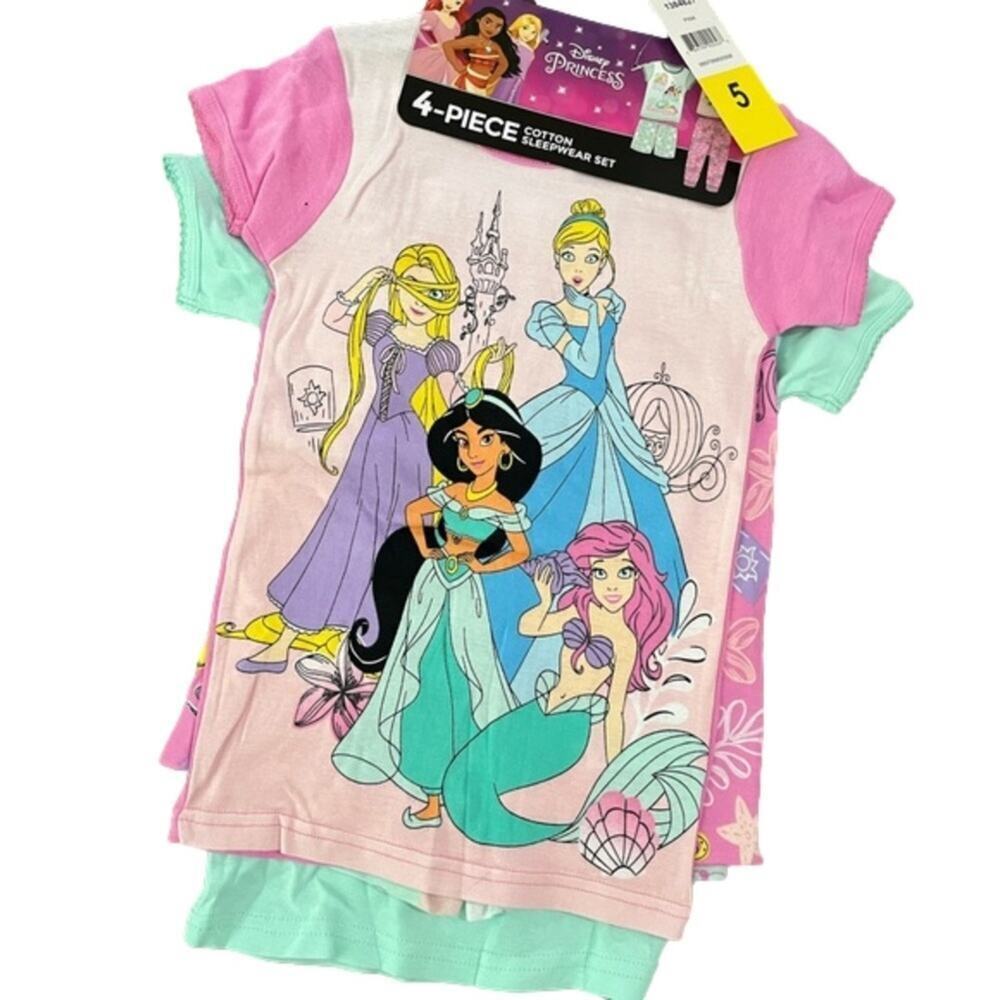 Disney Princess Pajamas Girls 4 Piece Cotton Size 5 NWT